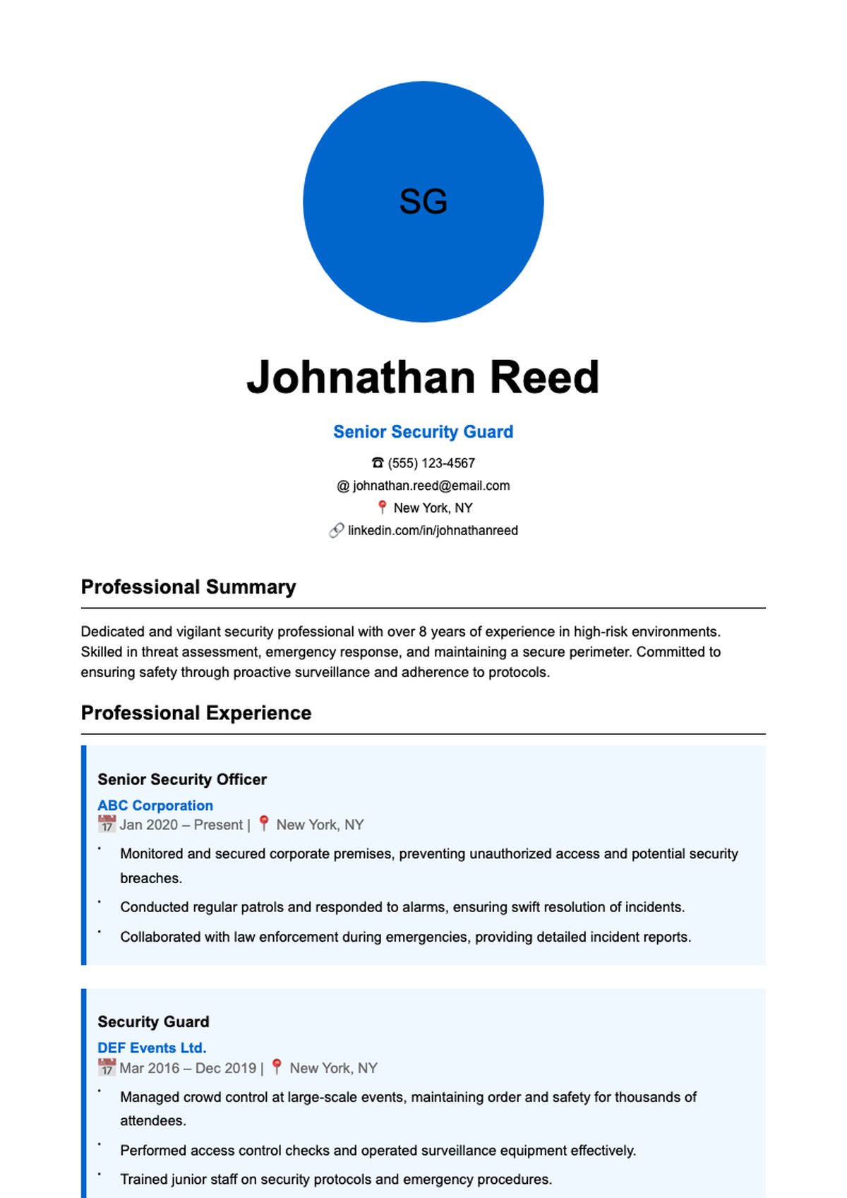 Professional security specialist resume with key achievements and skills_variant_2